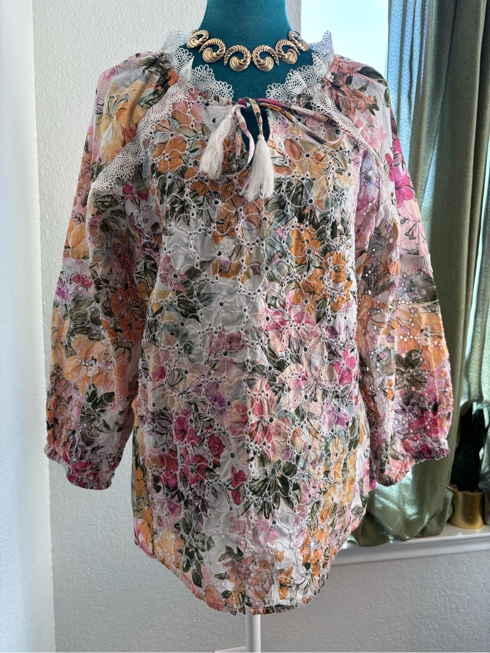 Cupio Floral Eyelet Peasant Blouse - Pink & Yellow feminine, romantic, boho,